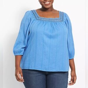 NWT Lane Bryant Blue Classic Square Neck With Lace Trim Blouse Top Women's 20